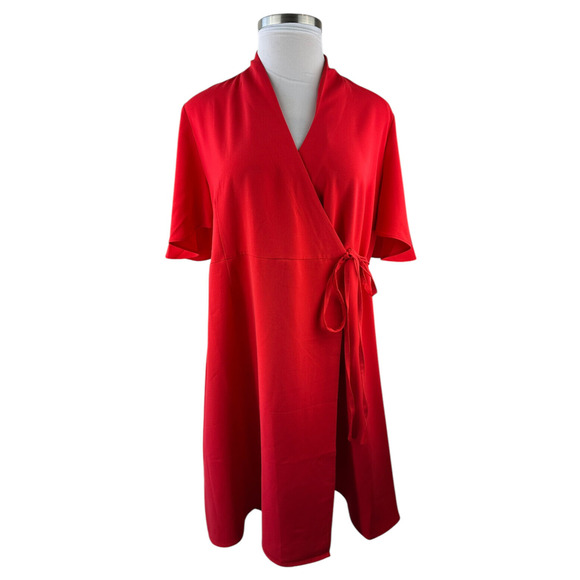 Ming Wang Butterfly Sleeve Crepe de Chine Wrap Dress Poppy Red Women's Size XL - Picture 5 of 16